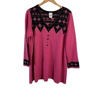 Roamans Fair Isle Pink and Black Sweater Size Large V Neck Knit Acrylic Pullover